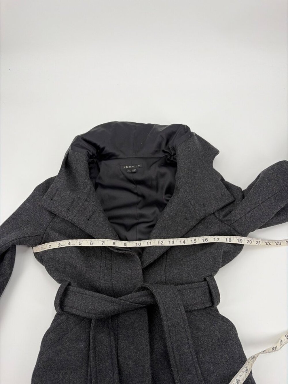 Theory Womens Large Wool Blend Gray Belted Coat Hooded Peacoat Capsule Wardrobe - Picture 6 of 7